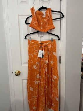 Dee Elle Orange Two-Piece Crop Top & Wide Leg Pants Set